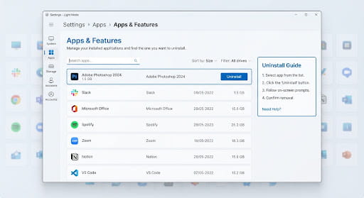 Apps and Features in Windows Settings